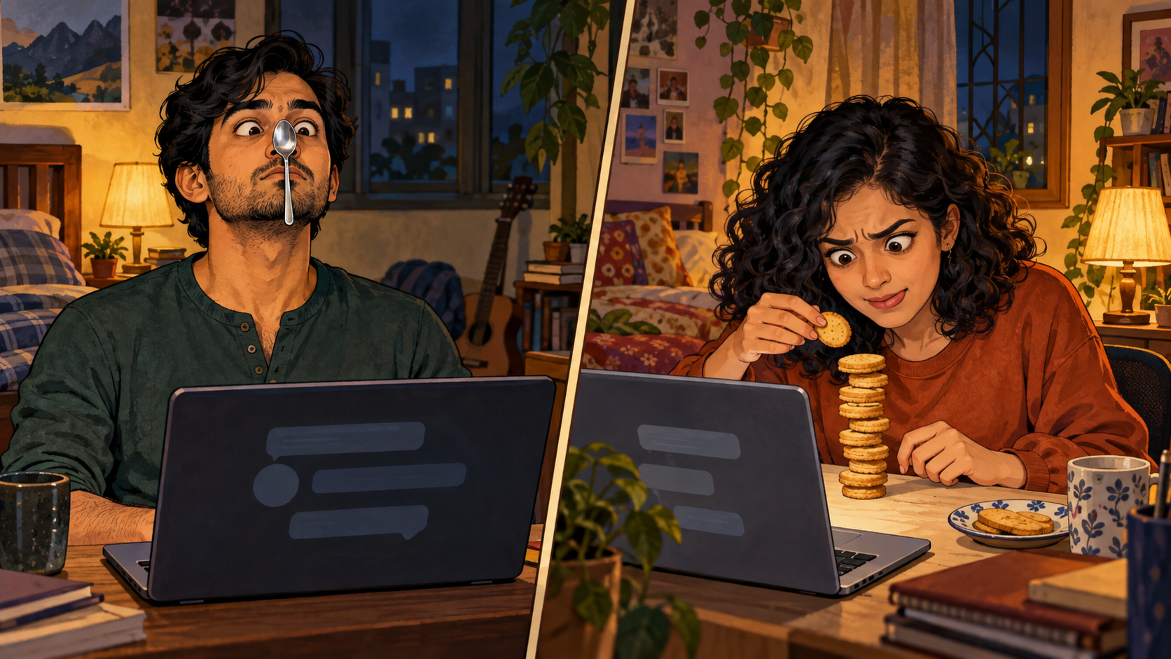 Kabir balances a teaspoon on his nose while Meera concentrates on a wobbly biscuit tower in her own room.
