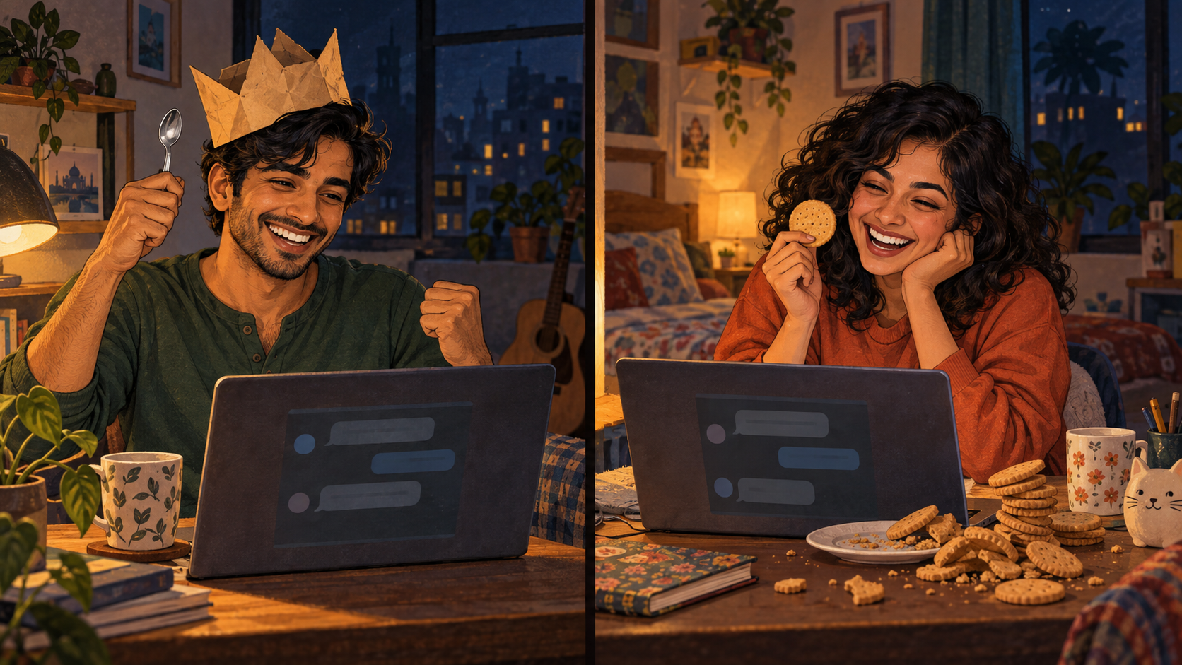 Kabir celebrates in a paper crown with his teaspoon trophy while Meera laughs with a biscuit in her separate home.