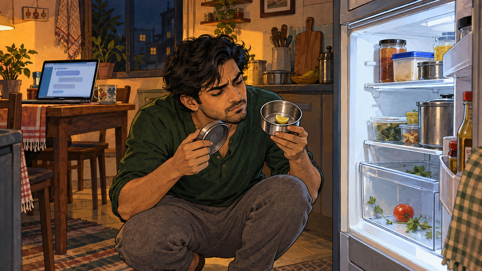 Kabir investigates an oversized food container and discovers one tiny piece of lemon in the refrigerator.