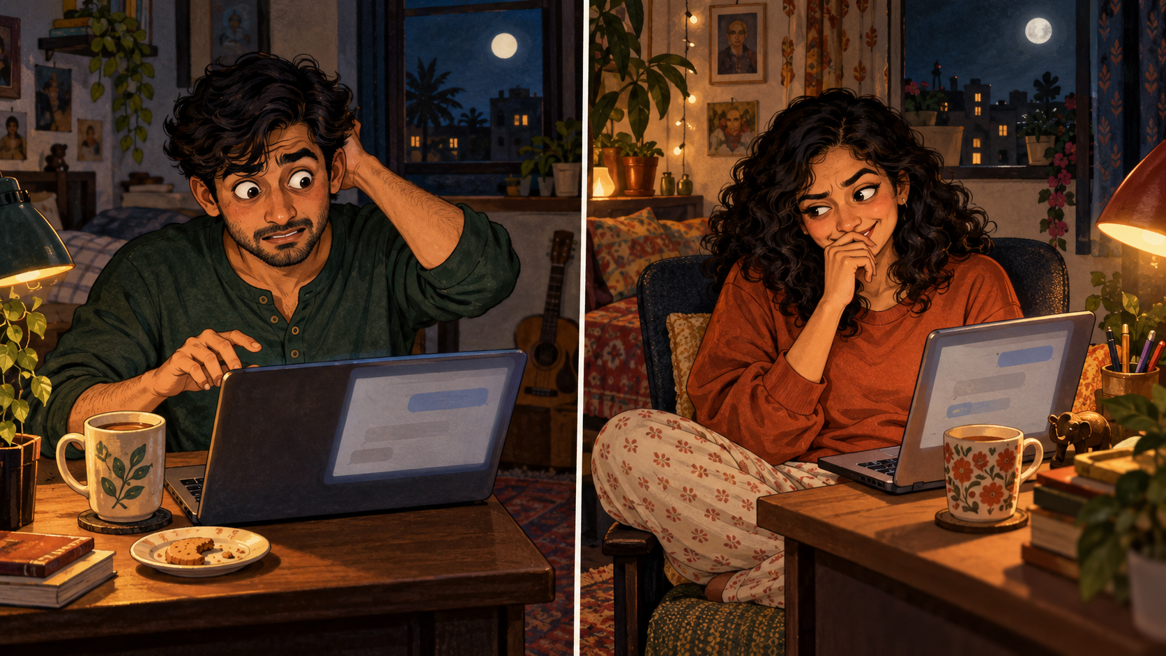 Kabir regrets his first message while Meera raises an amused eyebrow at her laptop in a separate home.