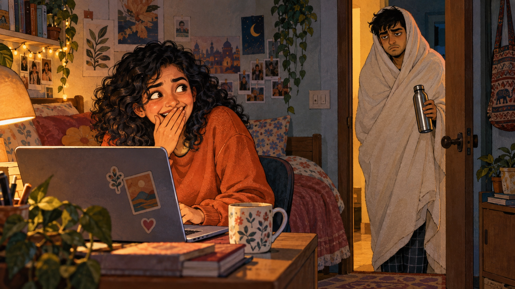 Meera tries to contain her laughter when her sleepy adult brother appears in the doorway wrapped in a blanket.