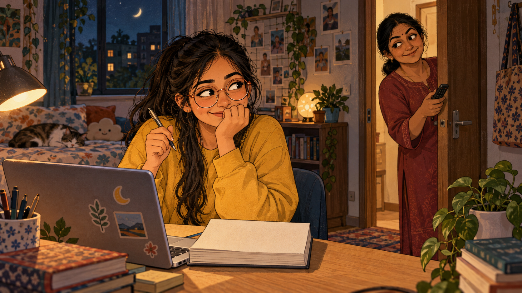 Naina attempts to look studious when her mother appears at the bedroom door with the TV remote.