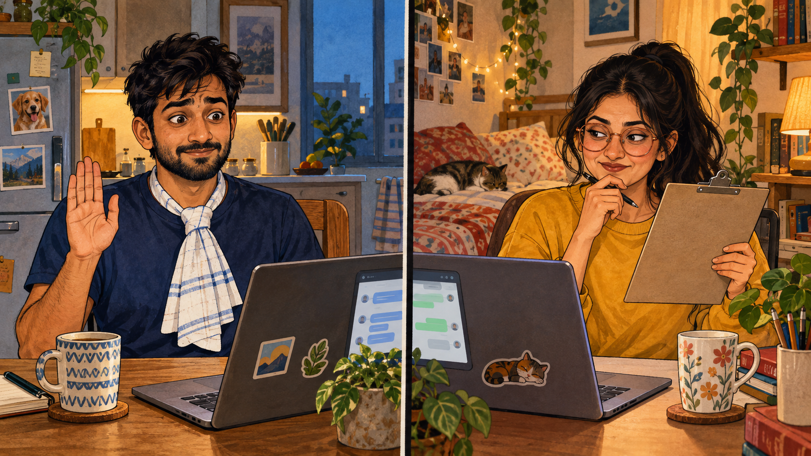 Naina imagines herself interviewing Ravi, who has improvised a very unconvincing tie.