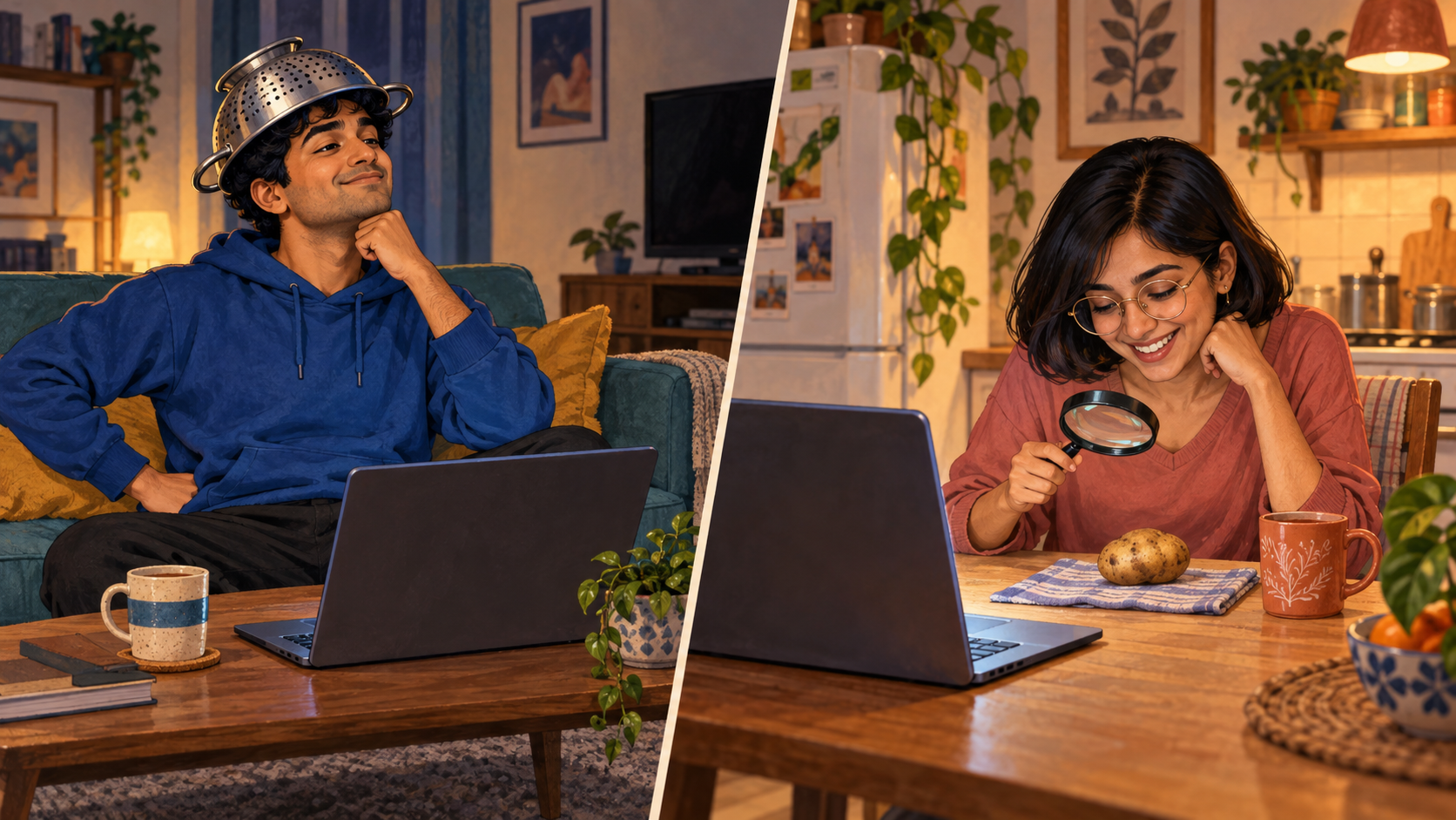On a video call, Rohan wears a kitchen colander as a detective hat while Tara examines a potato with a magnifying glass.