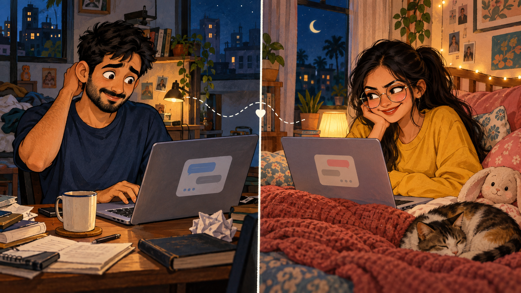 Ravi and Naina exchange their first messages from separate rooms on a quiet night.