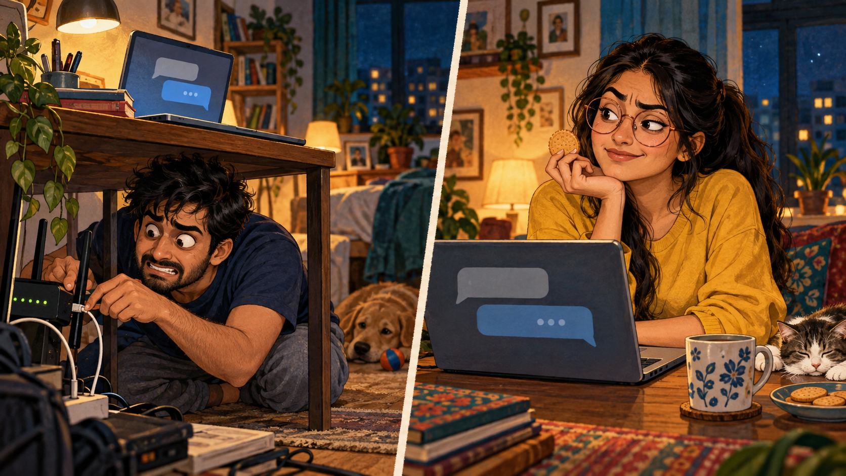 Ravi crawls under his desk to reconnect the router while Naina waits with a raised eyebrow.