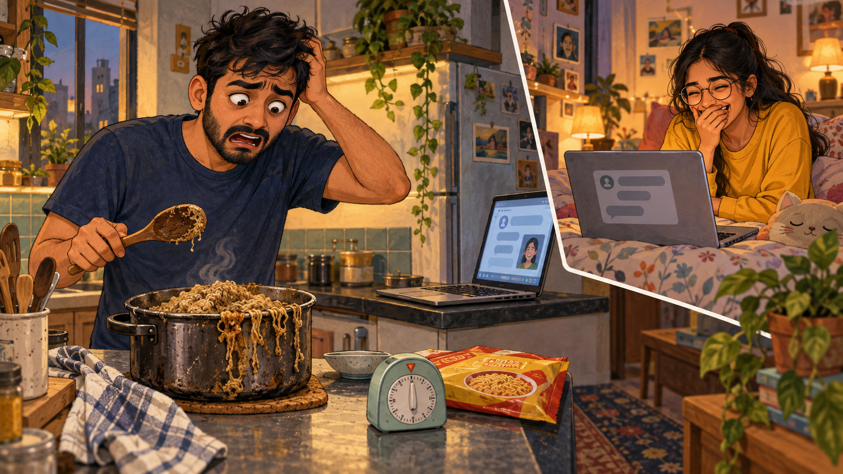 Ravi discovers his overcooked noodles while Naina laughs at his account of the disaster.