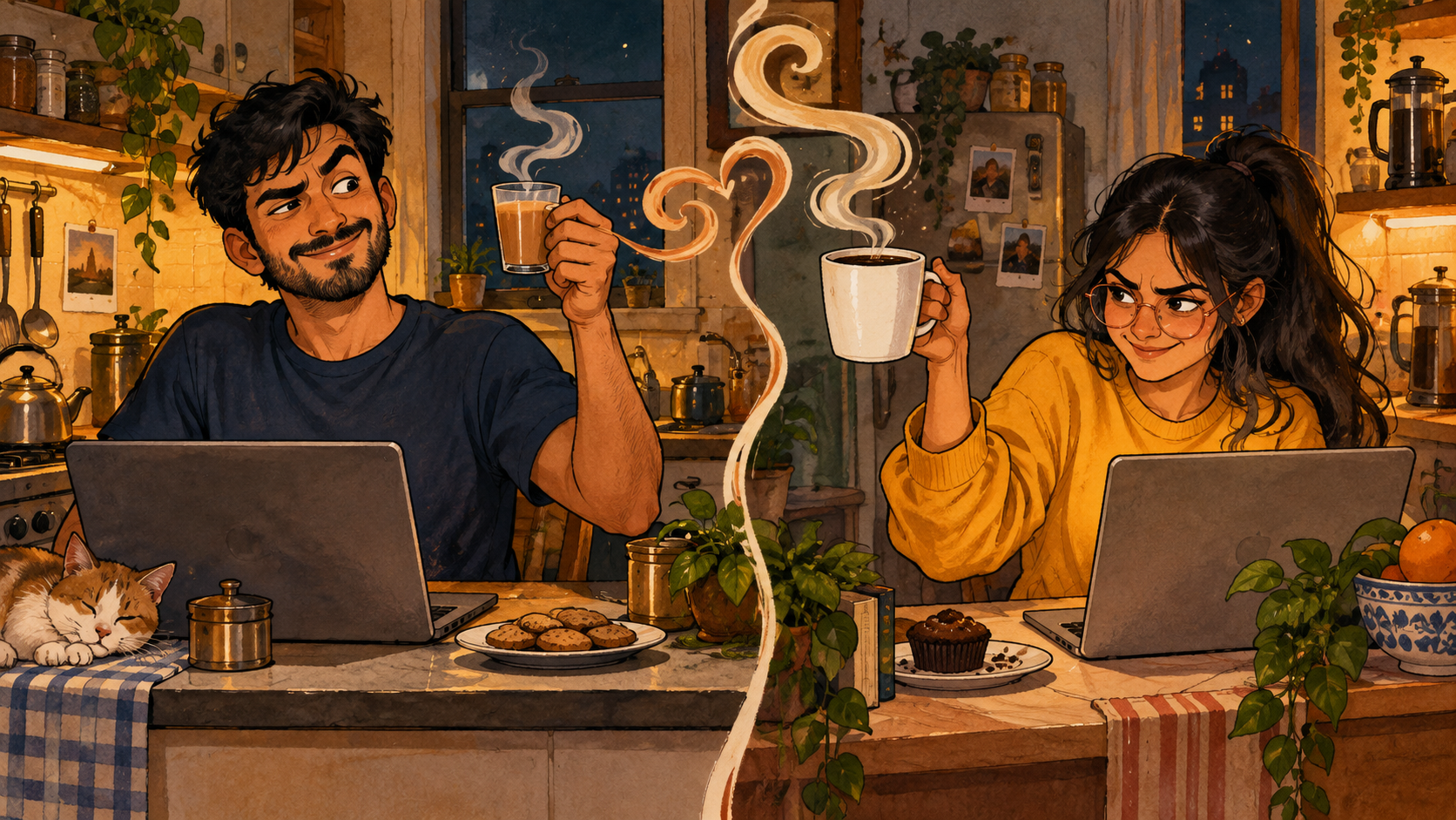 Ravi raises a glass of chai while Naina defends her oversized coffee mug.