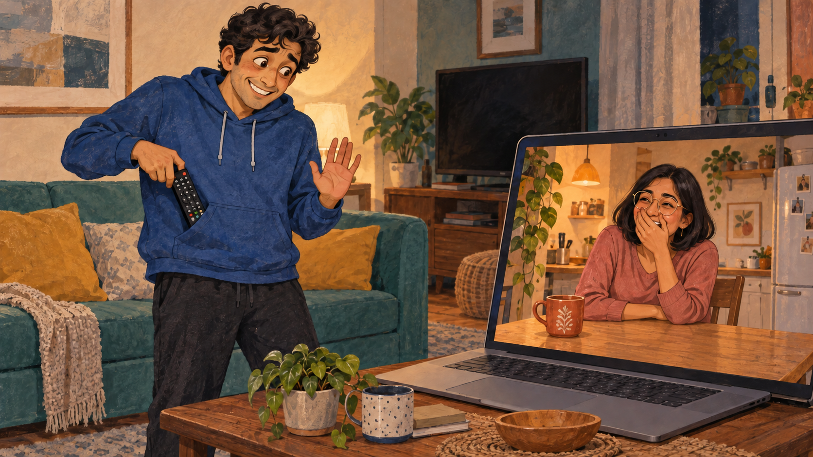 Rohan discovers the missing black TV remote in the front pocket of his own hoodie as Tara bursts out laughing.