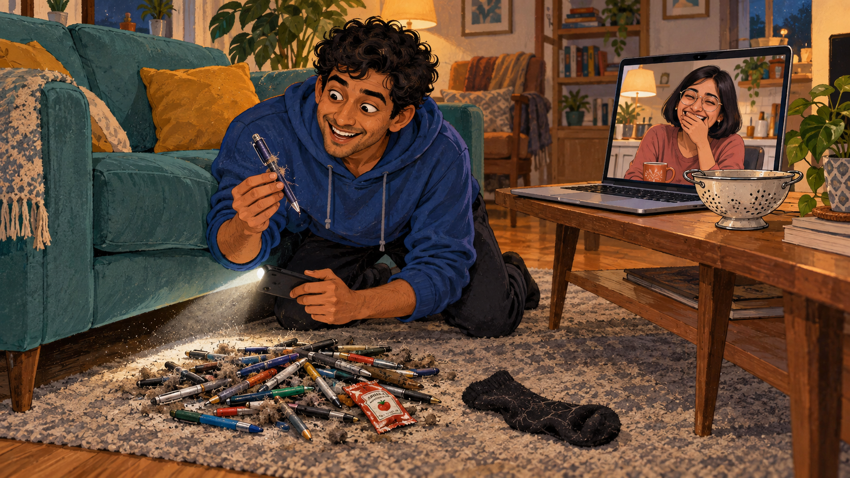 Rohan retrieves a heap of pens, a ketchup packet and one sock from under the sofa while Tara watches through the laptop.