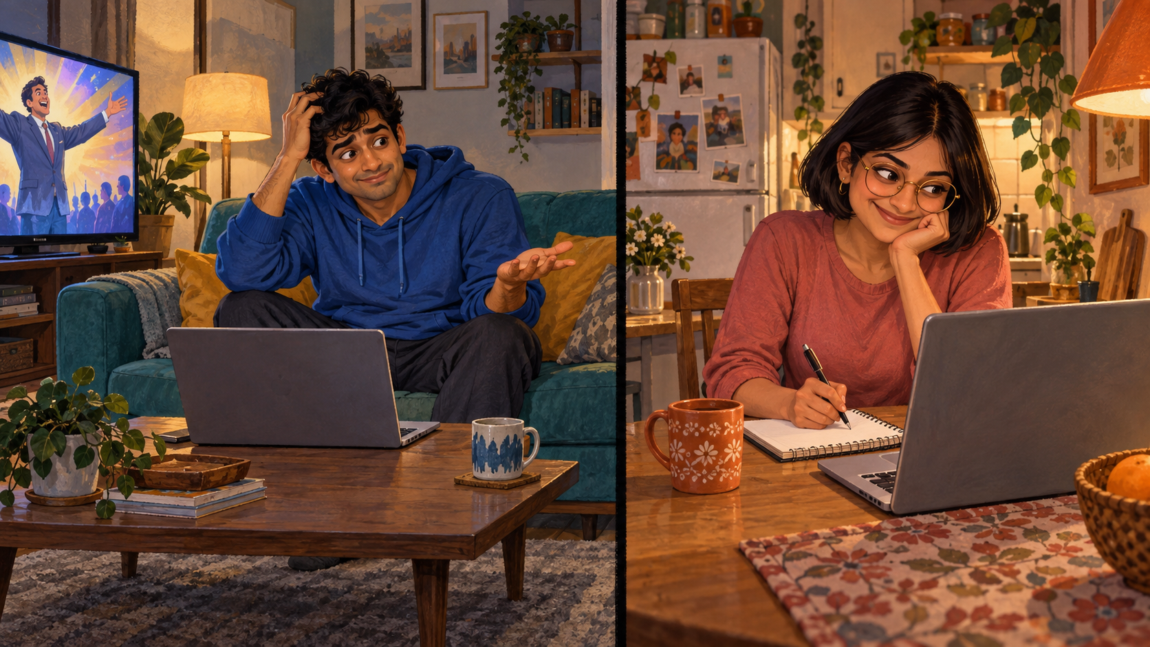 Rohan searches for his TV remote while Tara cheerfully accepts the detective case from her own home.