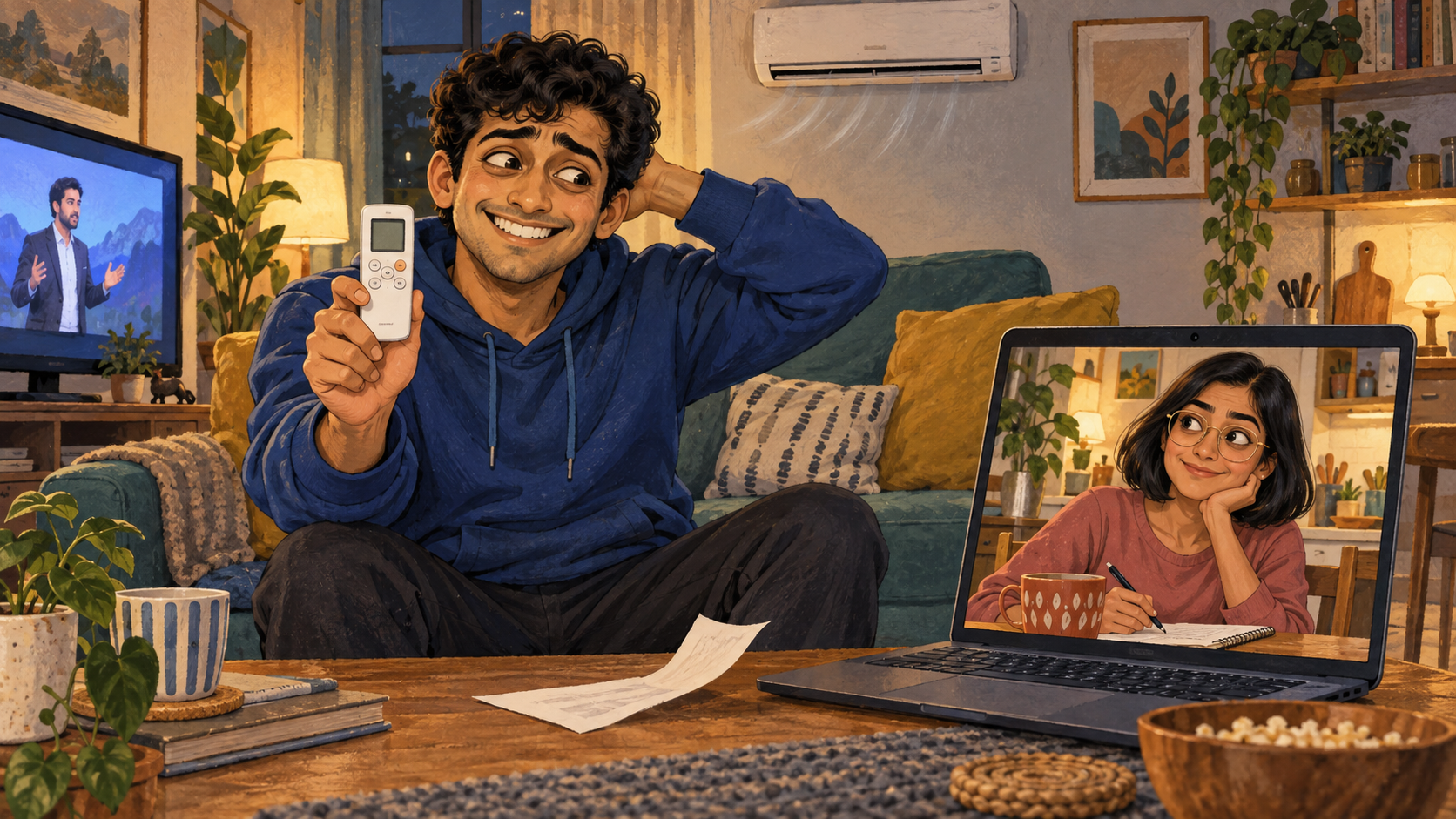 Rohan triumphantly holds an air conditioner remote, then realises he has found the wrong remote.