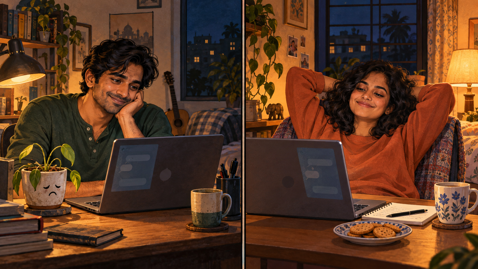 The strangers settle into an easy conversation, with Kabir's struggling desk plant beside his laptop.